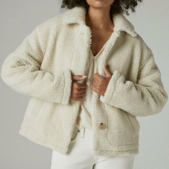 Lucky Brand Cream Sherpa Fleece Quilt Lined Button Up Teddy Shirt Jacket - Picture 1 of 16